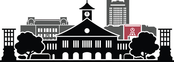 University building silhouette with clock tower academic campus and city background