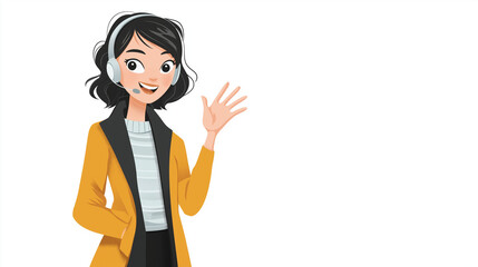 Friendly customer service representative waving on white background, vibrant and welcoming