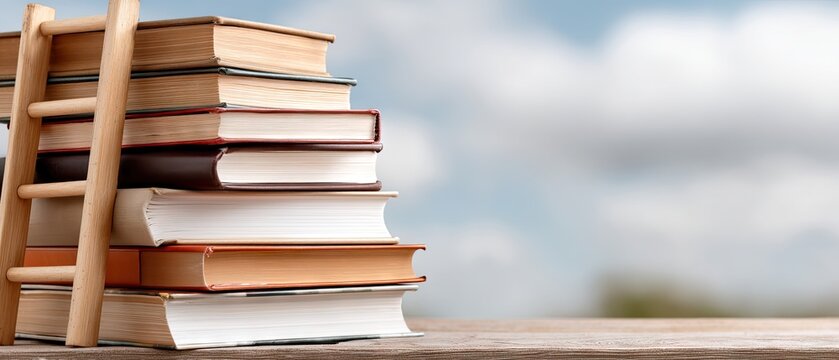 Colorful stack of books with ladders reaching the clouds symbolizes the pursuit of knowledge and education against a bright blue sky