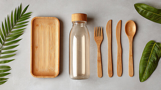Bamboo utensils, glass bottle, and wooden tray arranged on a gray surface with green leaves, showcasing eco-friendly dining and sustainable lifestyle choices