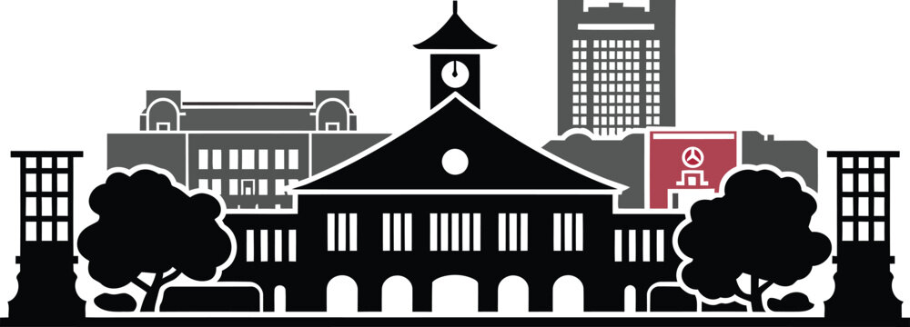 University building silhouette with clock tower academic campus and city background