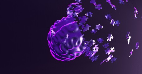 Glowing Purple Brain Breaking into Metallic Puzzle Pieces on Dark Background © Mirella