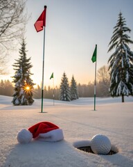 A Santa hat and golf ball on a snowy winter golf course at sunrise.