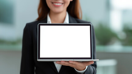 Confident businesswoman presenting a blank laptop screen for advertising display.