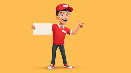 Cheerful Delivery Boy Holding Blank Sign and Pointing with Finger