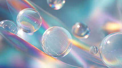 Transparent Glass Soap Spheres With Rainbow Light Dispersion Prism Effects On Turquoise Blue Background Optical Phenomenon