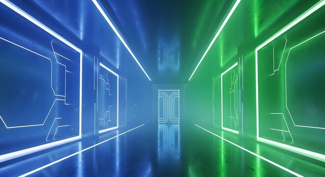 Futuristic neon light corridor abstract background digital tech