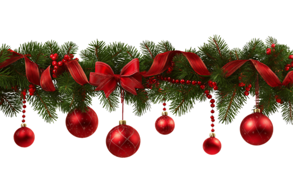 Christmas fir garland with red ribbon and ornaments isolated on a transparent background pine branches - Powered by Adobe