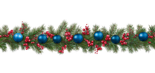 Christmas garland with pine branches red berries and blue ornaments isolated on a transparent background