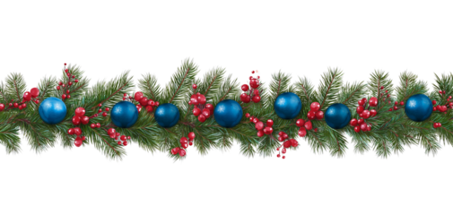 Christmas garland with pine branches red berries and blue ornaments isolated on a transparent background