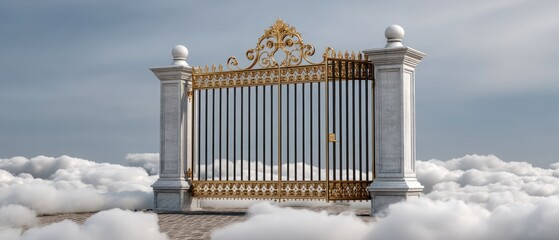 Heavenly gates opening amidst fluffy clouds adorned with gold and diamonds offering a stunning celestial view under a serene sky