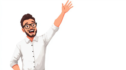 Cheerful man with raised hand wearing glasses on white background.
