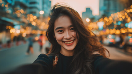 Cheerful young woman taking a selfie in a vibrant city street.