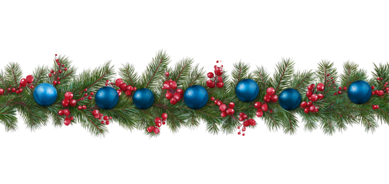 Christmas garland with pine branches red berries and blue ornaments isolated on a transparent background