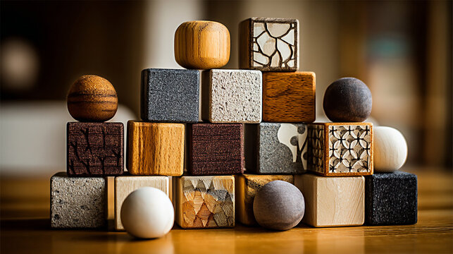 Colorful wooden blocks arranged in a creative pyramid formation, showcasing various textures and patterns, ideal for educational play and artistic design concepts