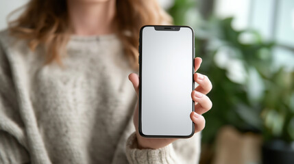 Woman displays a modern smartphone with a blank white screen