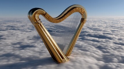Golden harp floats gracefully in bright blue sky surrounded by soft white clouds under radiant sunlight