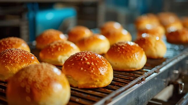 Freshly baked buns laid out in a row on a metal grate on the bakery's production line. They look appetizing and demonstrate the accuracy and quality of the baking process.	
