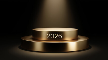 Golden podium with 2026 inscription against a dark background illuminated