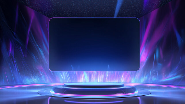 Modern futuristic podium with blank screen and vibrant abstract background.