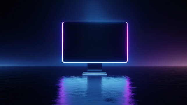 Neon display reflection in dark waters, digital background concept