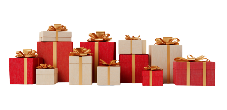 Assortment of Red and Cream Gift Boxes with Gold Ribbons isolated on a transparent background presents