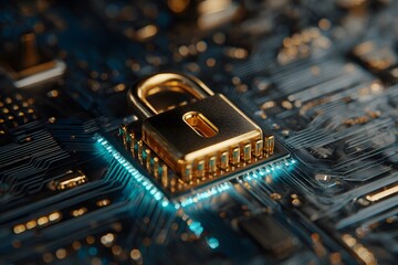 Golden Padlock Symbolizing Digital Security and Data Protection on a Modern Computer Motherboard Highlighting Cybersecurity and Encryption Technology for Secure Data Transmission 