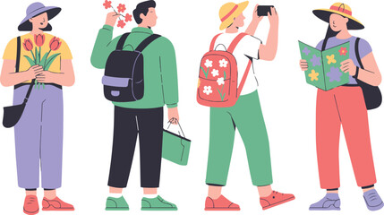 Tourists characters set taking pictures and holding travel map wearing backpacks in flat vector illustration 