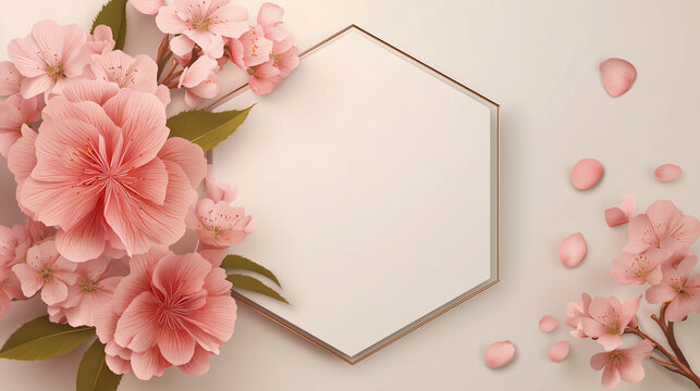 Elegant cherry blossoms frame a modern hexagon on a bright background.
