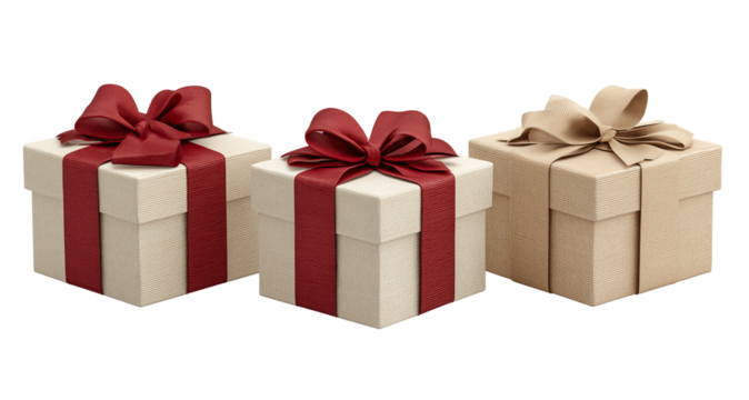 Three textured gift boxes with red and tan ribbons and bows isolated on a transparent background present