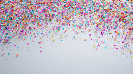 Colorful confetti falling from above on a clean white background.