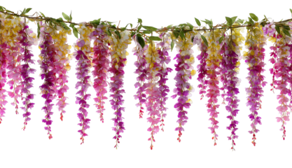 Cascading Wisteria Flowers in Pink Yellow and Purple Hues isolated on a transparent background floral