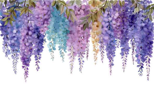 Watercolor wisteria flowers in shades of purple blue and yellow cascading down isolated on a transparent background
