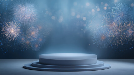 Elegant product display podium with fireworks background in cool blue tones.