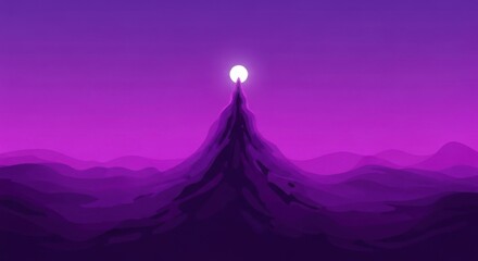 A serene purple landscape featuring a prominent mountain peak illuminated by a bright, ethereal light under a gradient sky at twilight