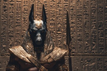 Mythological Anubis-inspired warrior, clad in shimmering gold, surrounded by ancient hieroglyphs, soft ambient lighting creating a mystical atmosphere, emphasizing historical significance