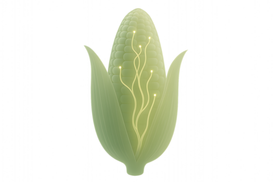 A conceptual representation of fungal hyphae spreading through a stylized translucent corn plant. Designed as clean bio-art for agricultural, educational and biotech use.