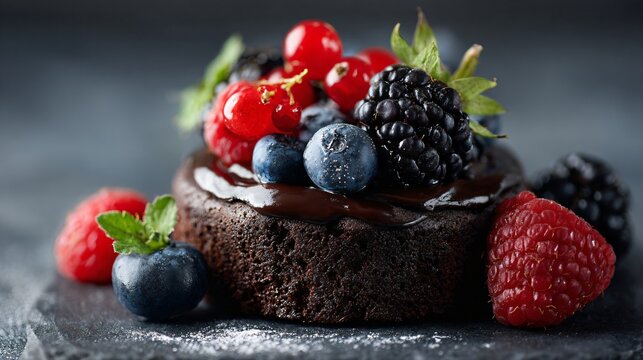 Chocolate dump cake topped with berries, modern minimal presentation, light grey background