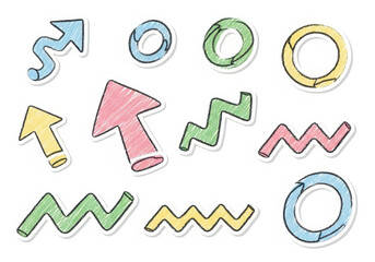 Colorful handdrawn arrows, circles, and zigzag lines with a crayon texture, isolated on white background