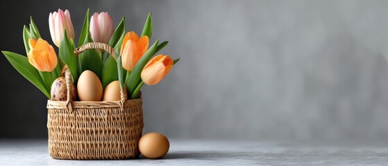 Colorful basket with spring flowers and eggs on a light grey table creates a cheerful Easter atmosphere and invites warmth and celebration