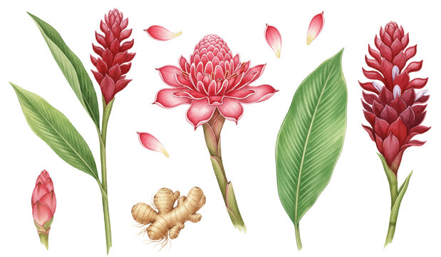 Red torch ginger flowers, bud, raw ginger root vector set. Exotic tropical food and spice elements isolated on white. Geinger root and flowers illustration.