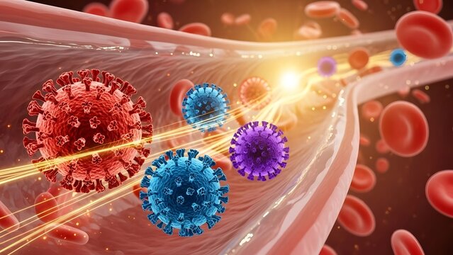 Virus Particles Traveling Through a Blood Vessel with Red Blood Cells