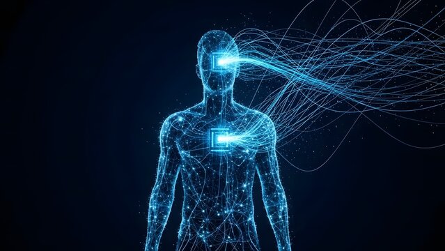 Digital Human Figure with Data Streams Flowing from Head and Chest on Dark Background