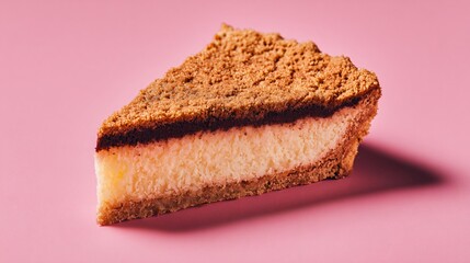 Isolated dump cake slice cut cleanly, shadowed against pastel pink background