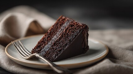 Light minimal setup chocolate cake slice, silver fork, faint shadow