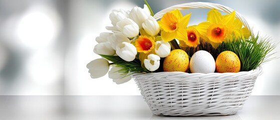 Colorful easter basket filled with eggs and vibrant flowers in spring setting on white background