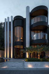 A luxurious ultra-modern villa is presented at dusk, showcasing a bold contrast in architectural design with smooth matte black curves and elegant white stone vertical structures. Cylindrical white co