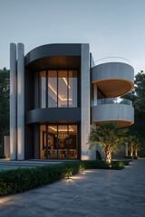 A luxurious ultra-modern villa is presented at dusk, showcasing a bold contrast in architectural design with smooth matte black curves and elegant white stone vertical structures. Cylindrical white co