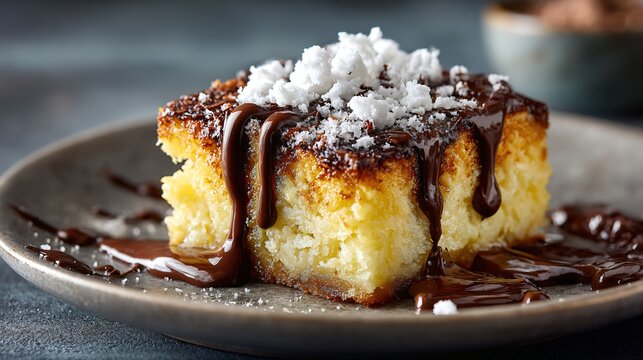 Modern dessert styling with plated dump cake and drizzle of melted chocolate, grey textured surface