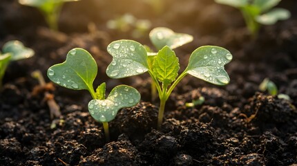 Fresh green seedlings with dewdrops on their leaves growing in fertile soil, representing the concept of new life and growth